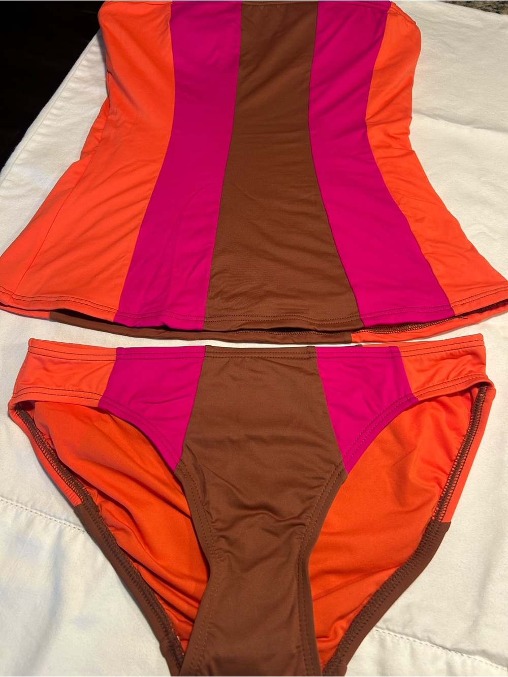DKNY Colorblock Tankini Set in Orange, Pink & Brown
